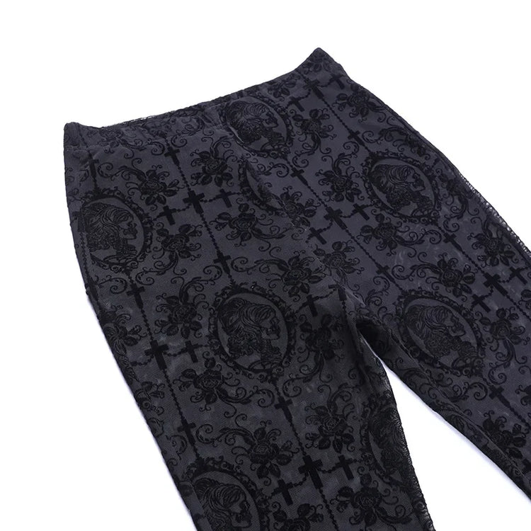 Dark gray pants with black floral pattern on a white background