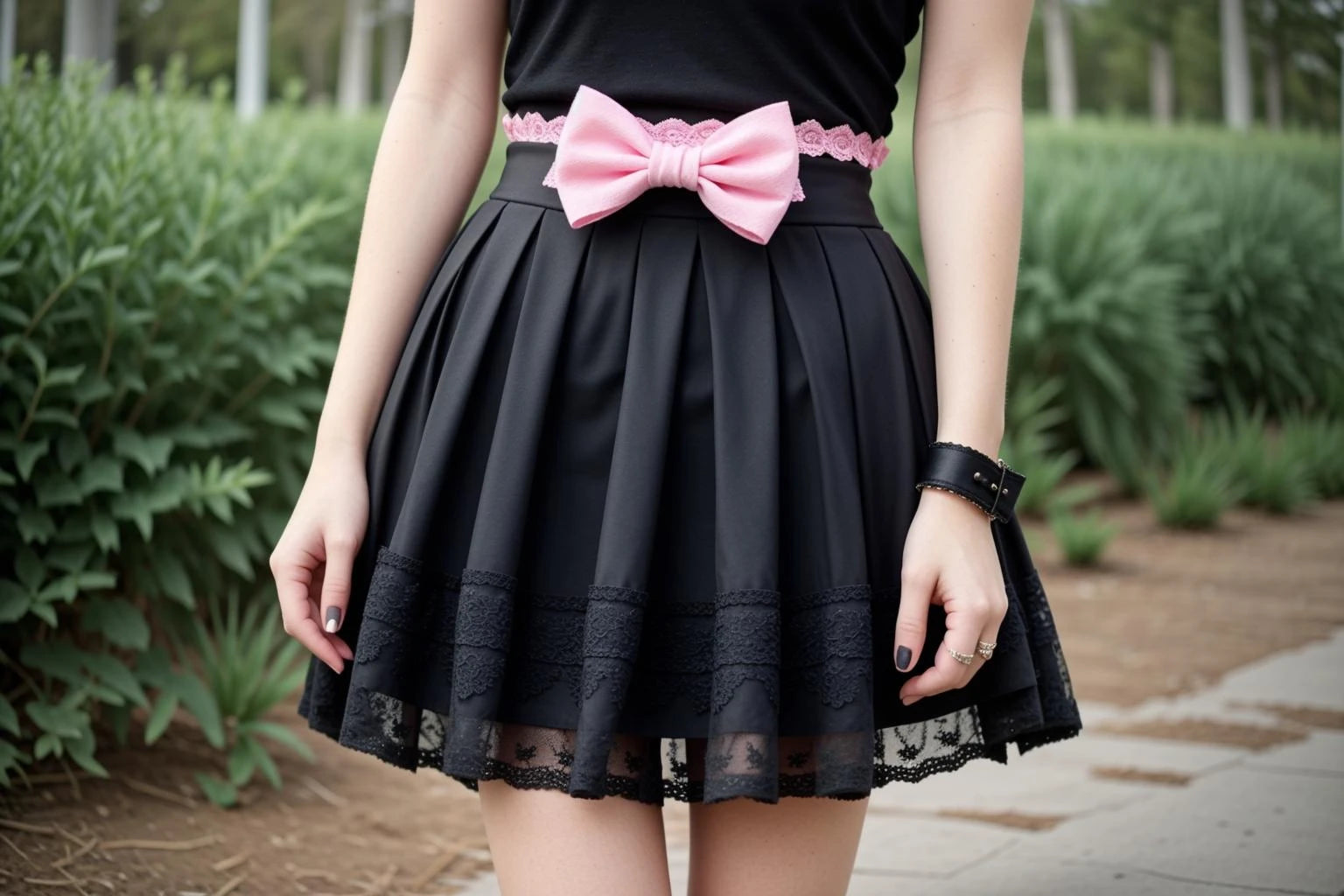 black skirt and pink bow