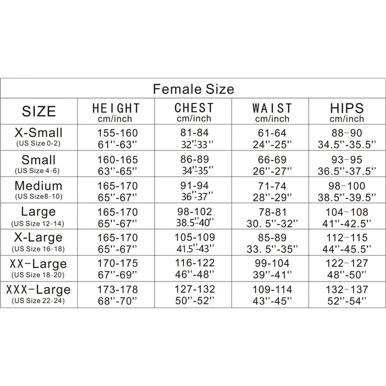 Size chart for women's clothing with height, chest, waist, and hips measurements.