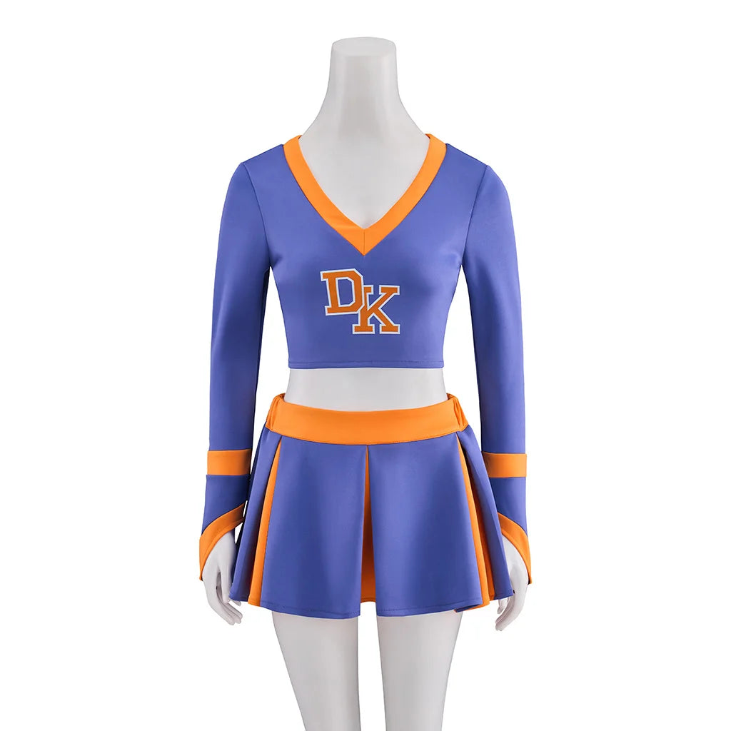 Blue and orange cheerleader outfit on a mannequin with 'DK' logo.