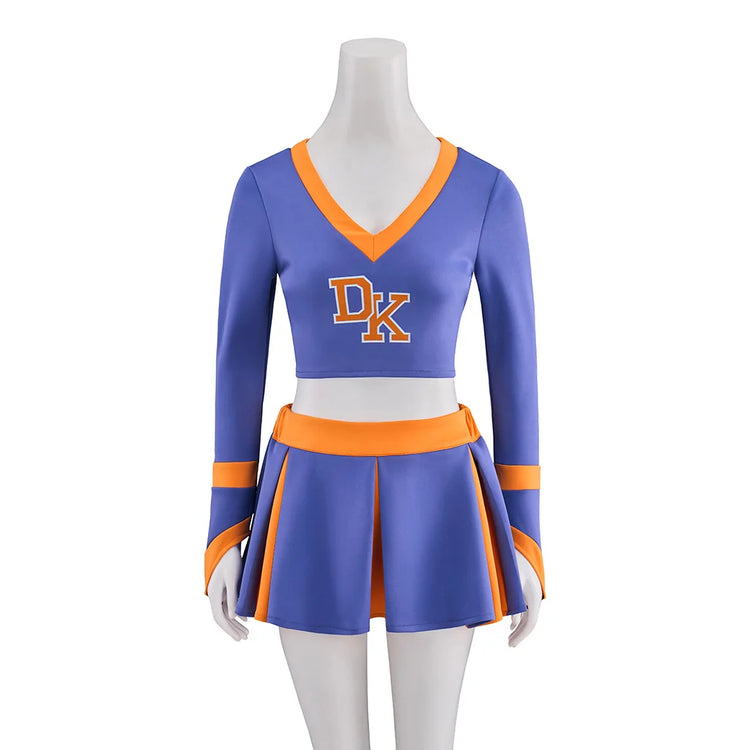Blue and orange cheerleader outfit on a mannequin with 'DK' logo.
