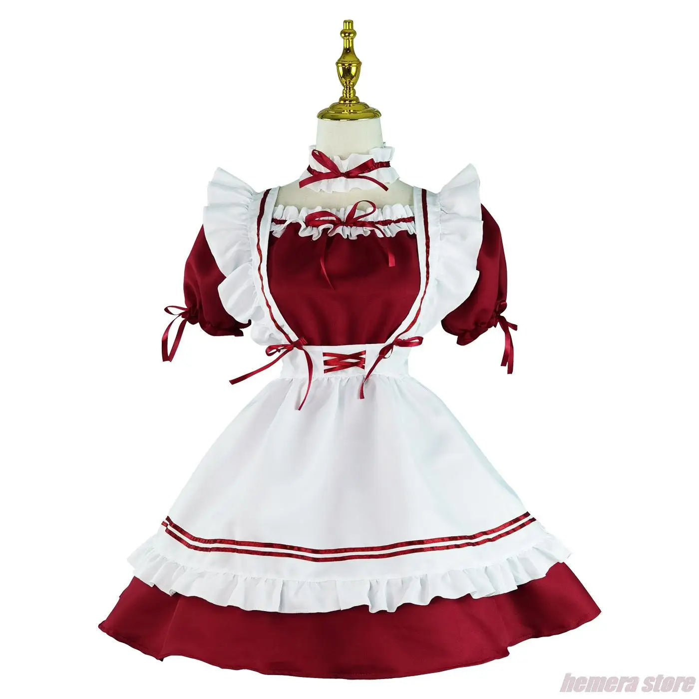Red and white maid dress on a mannequin with a white background