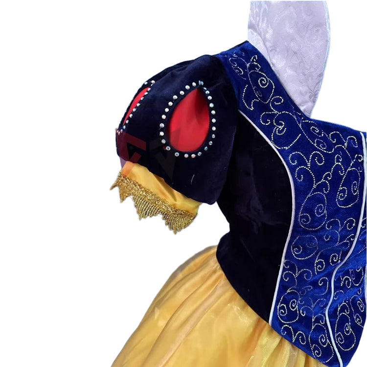 Traditional costume with a blue and red headdress against a blue background