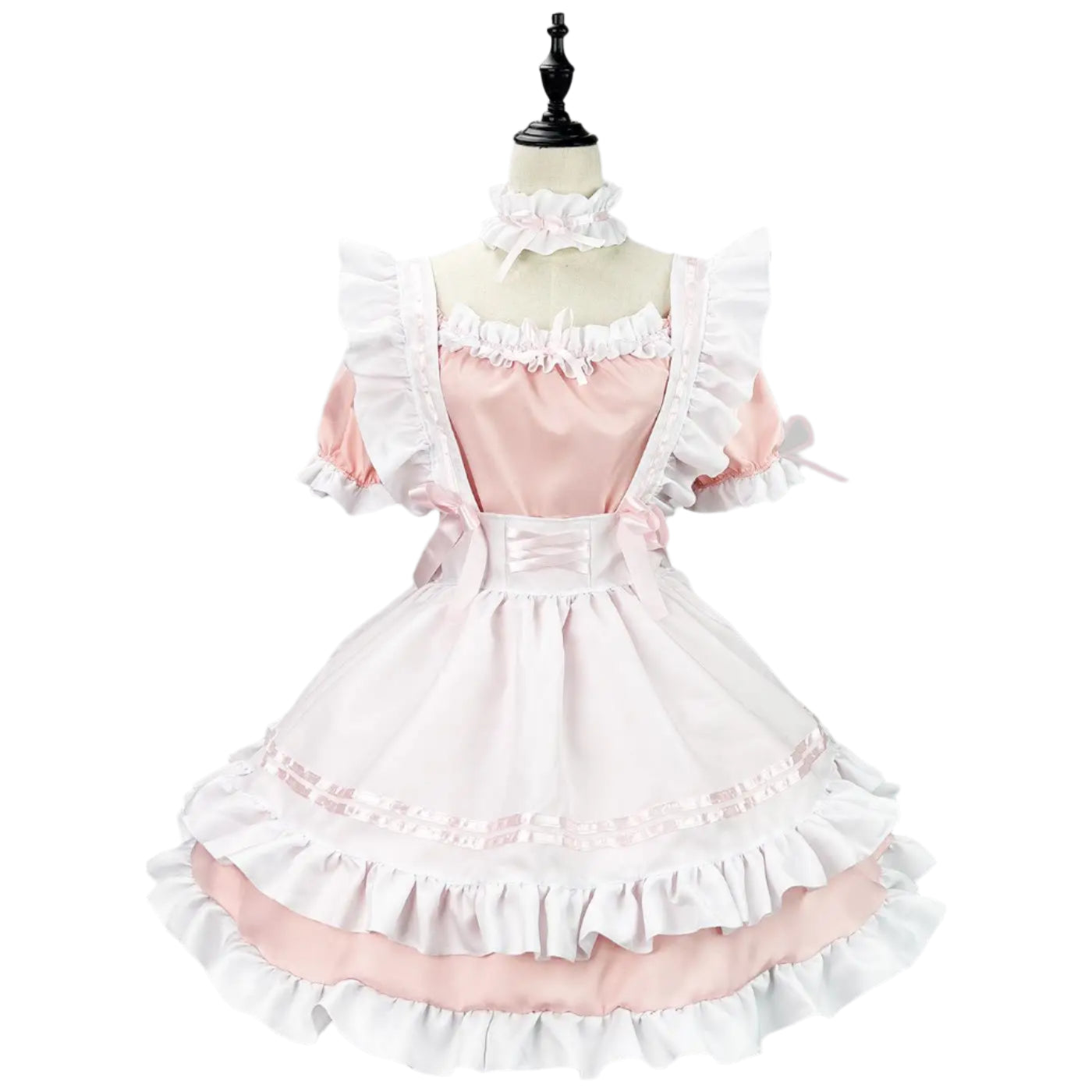 Pink and white ruffled dress on a mannequin against a gray background