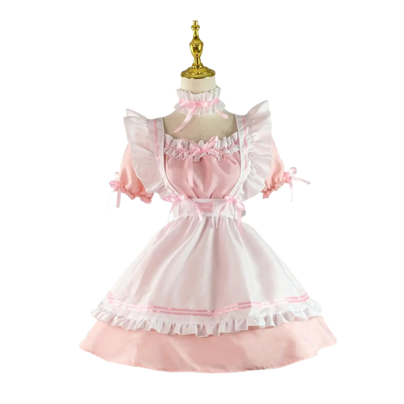 Pink and white dress on a mannequin with a white background