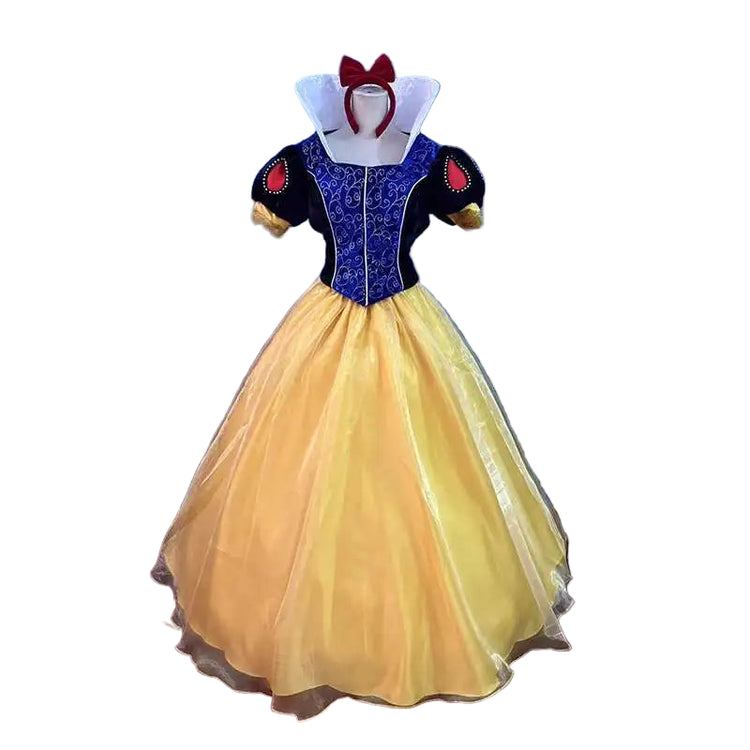 Costume dress with blue bodice and yellow skirt on a blue background
