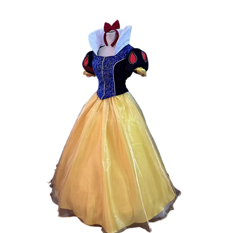 Snow White costume on a mannequin against a blue background