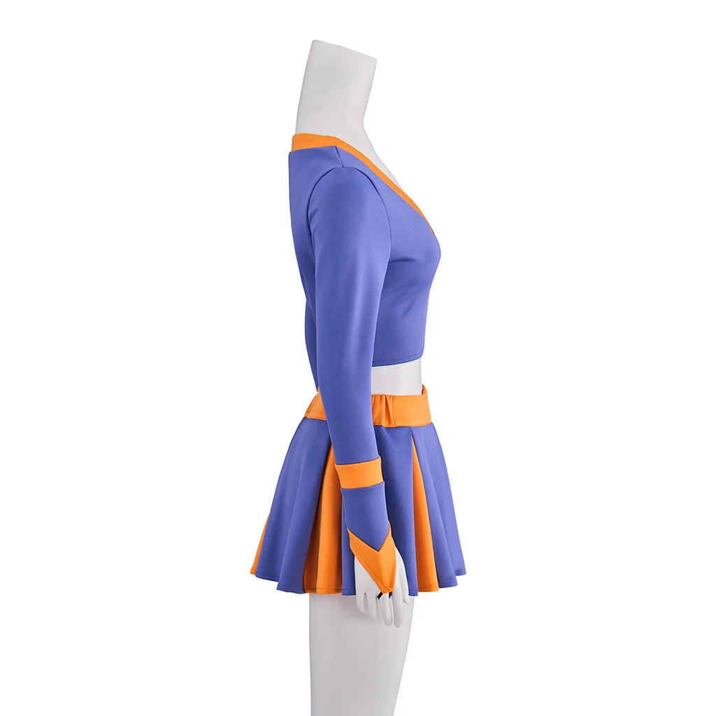 Mannequin wearing a purple and orange dress on a white background