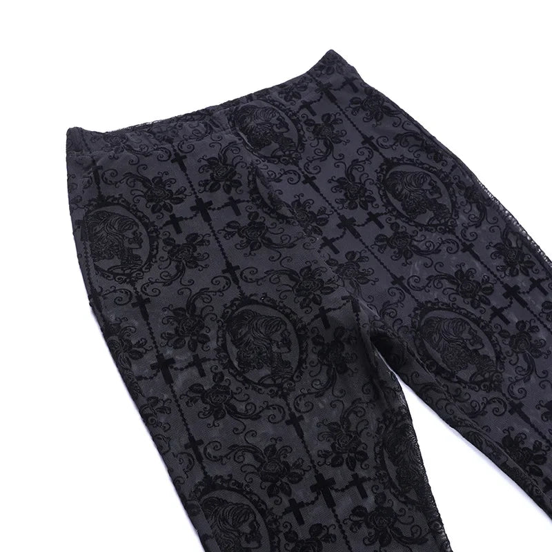 Dark gray pants with black floral pattern on a white background