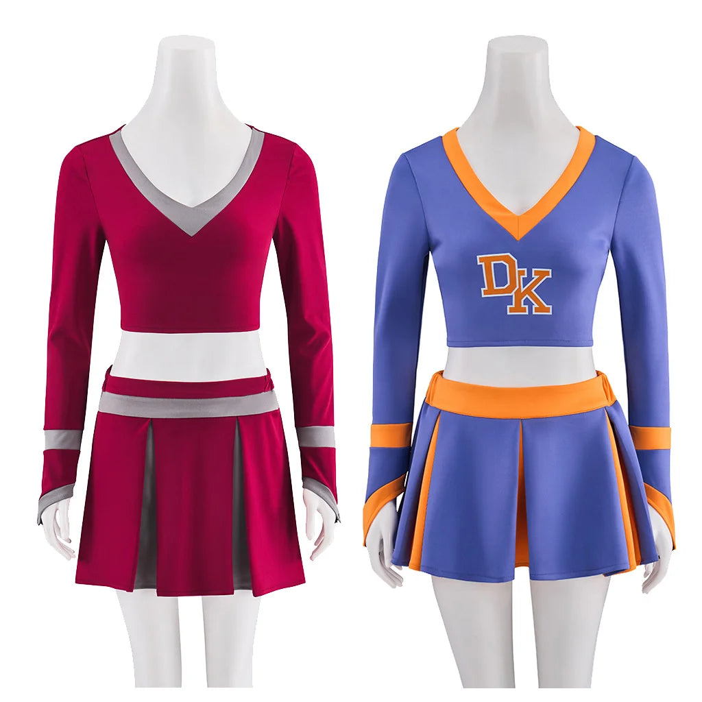 Two cheerleading outfits on mannequins, one red and white, the other blue with orange accents.