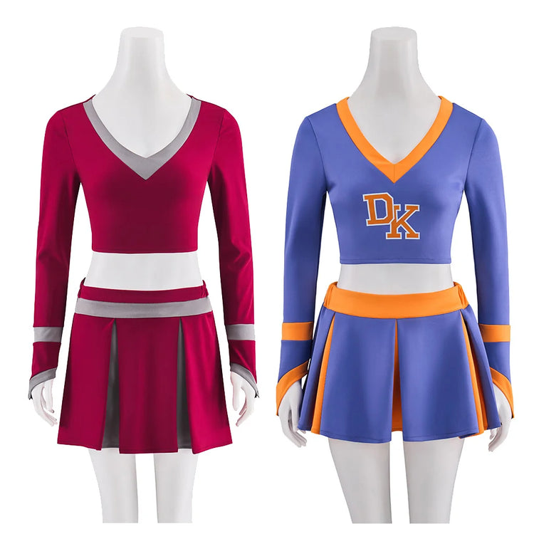 Two cheerleading outfits on mannequins, one red and white, the other blue with orange accents.