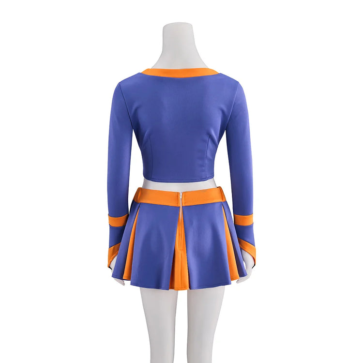 Blue and orange cheerleader outfit on a mannequin with white background