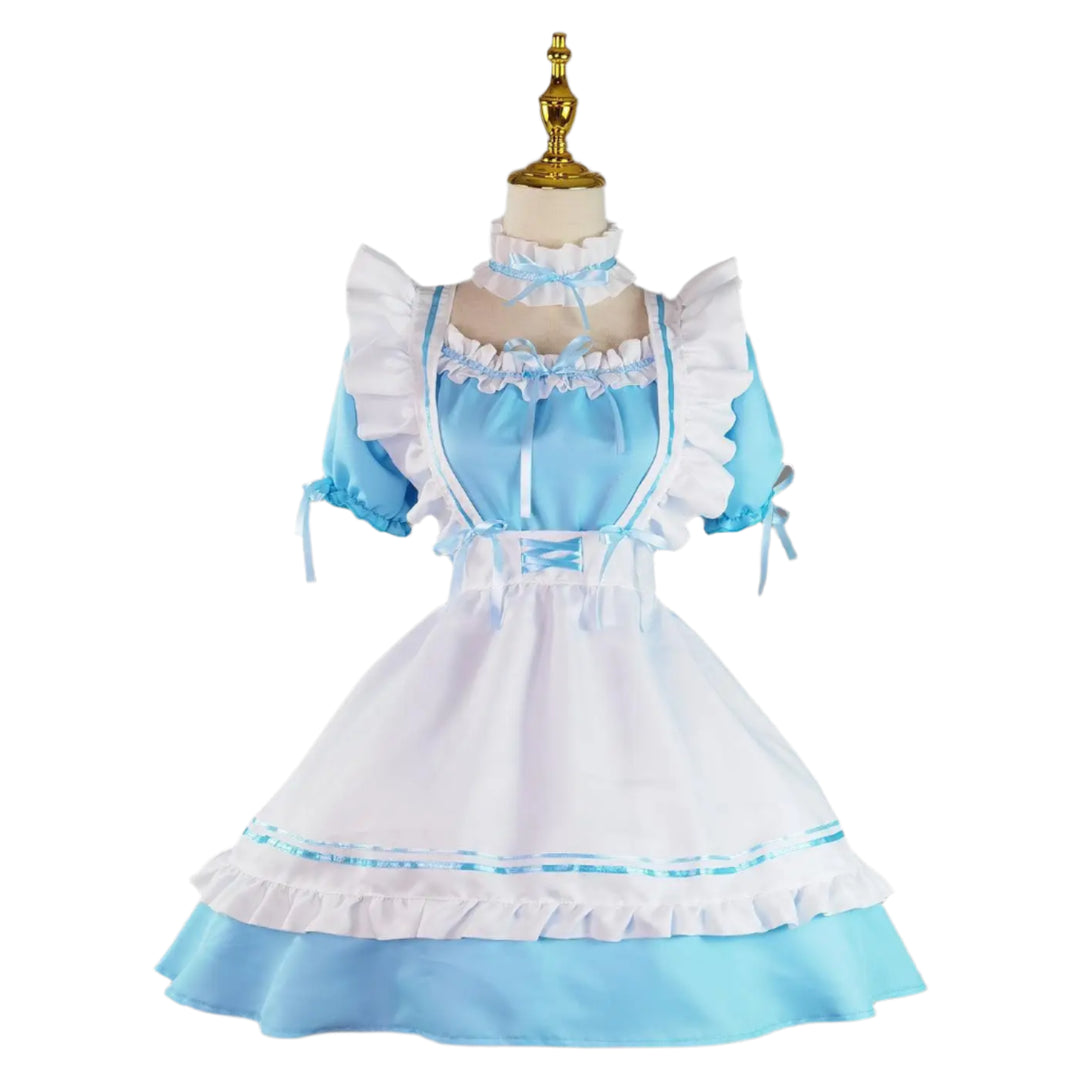 Blue and white maid costume on a mannequin against a gray background