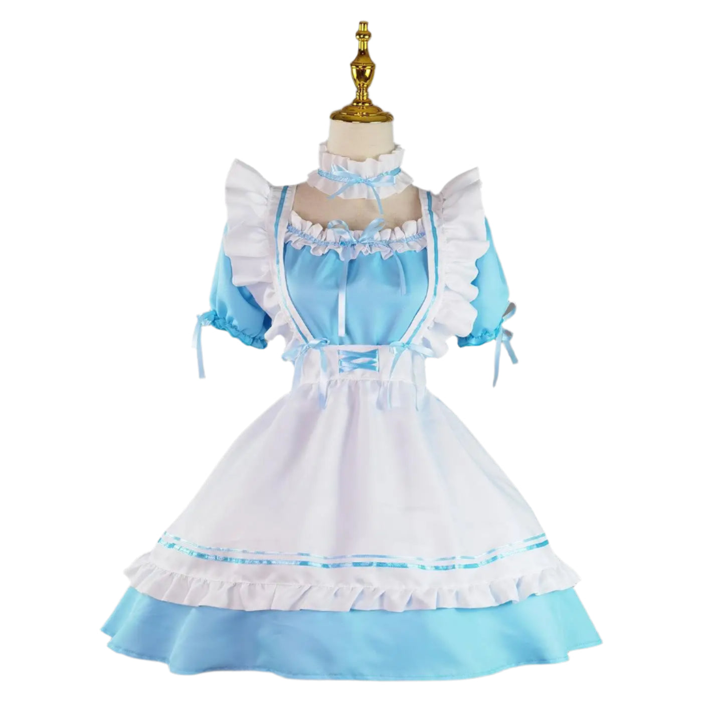 Blue and white maid costume on a mannequin against a gray background