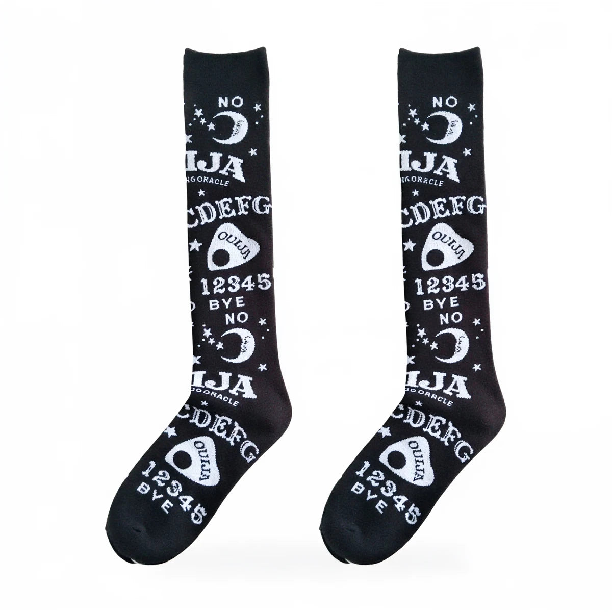 Dark magic stockings in black, featuring white Ouija board symbols and text.