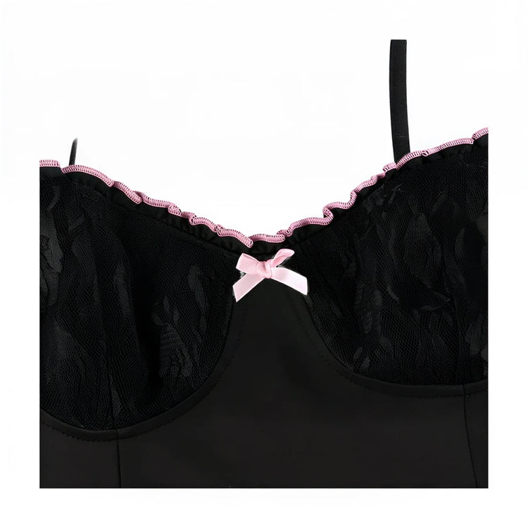 Black lace sundress with pink trim and bow detail at neckline.