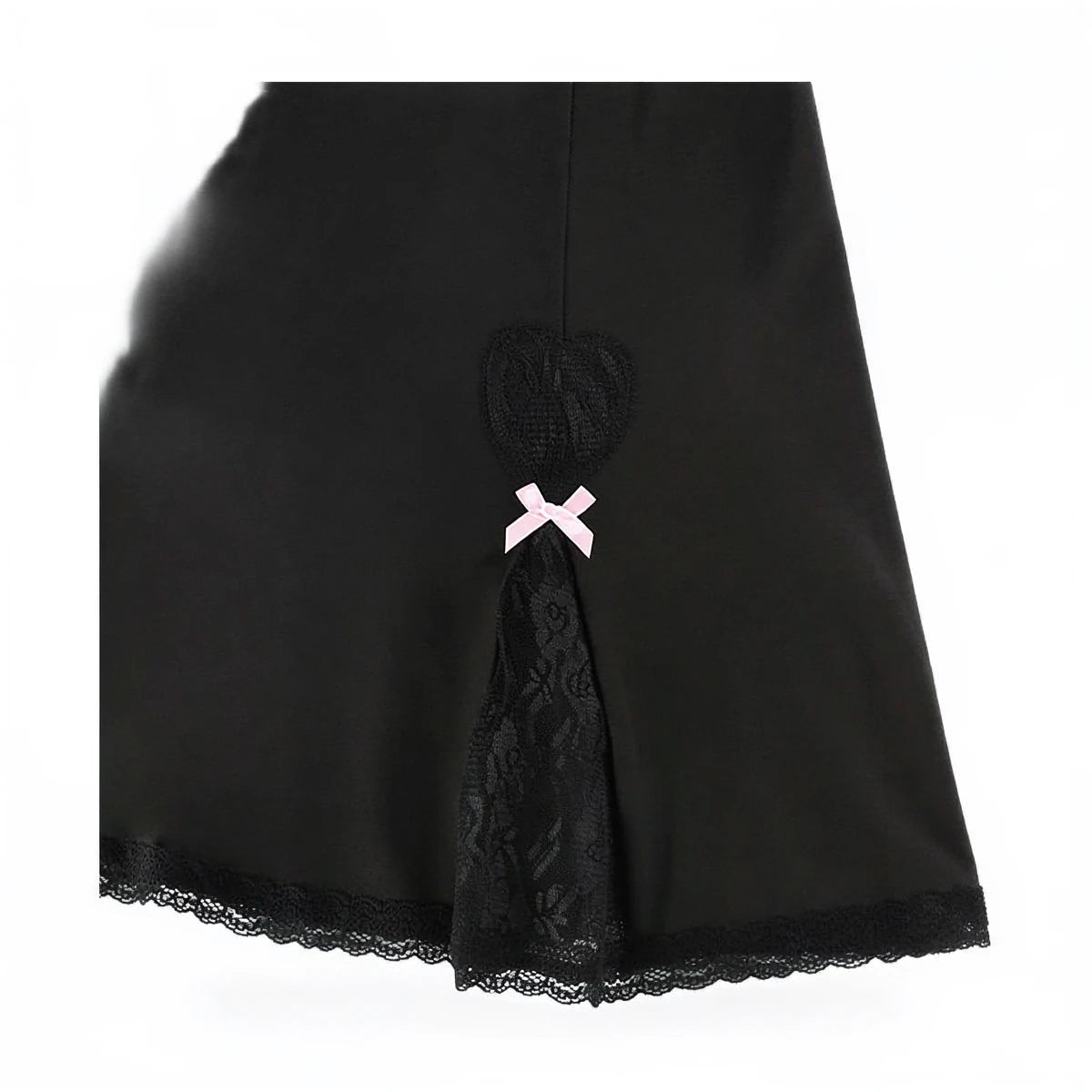 Black sundress with lace trim and pink bow accent at back.