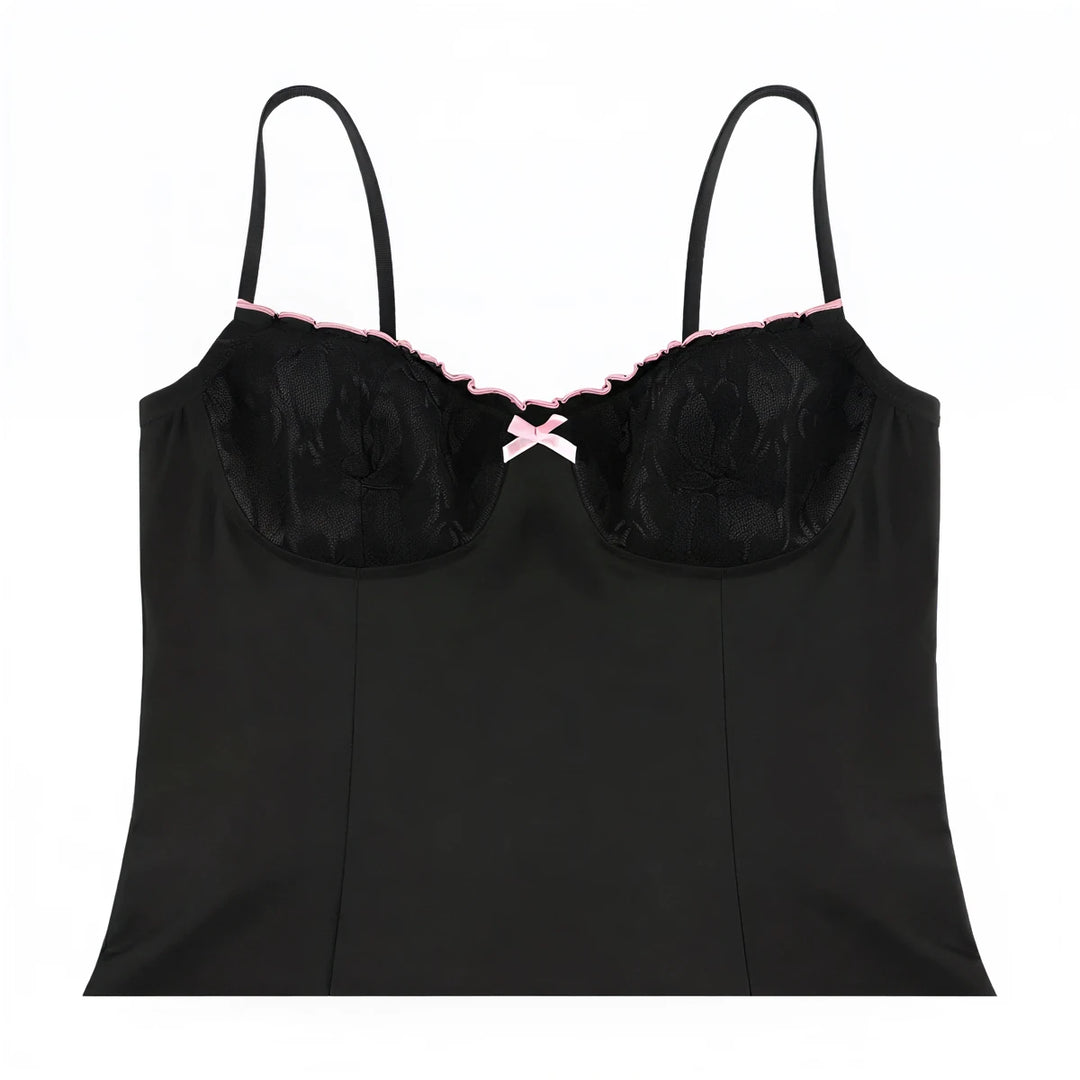 Black lace-trimmed camisole with pink ribbon bow at center.