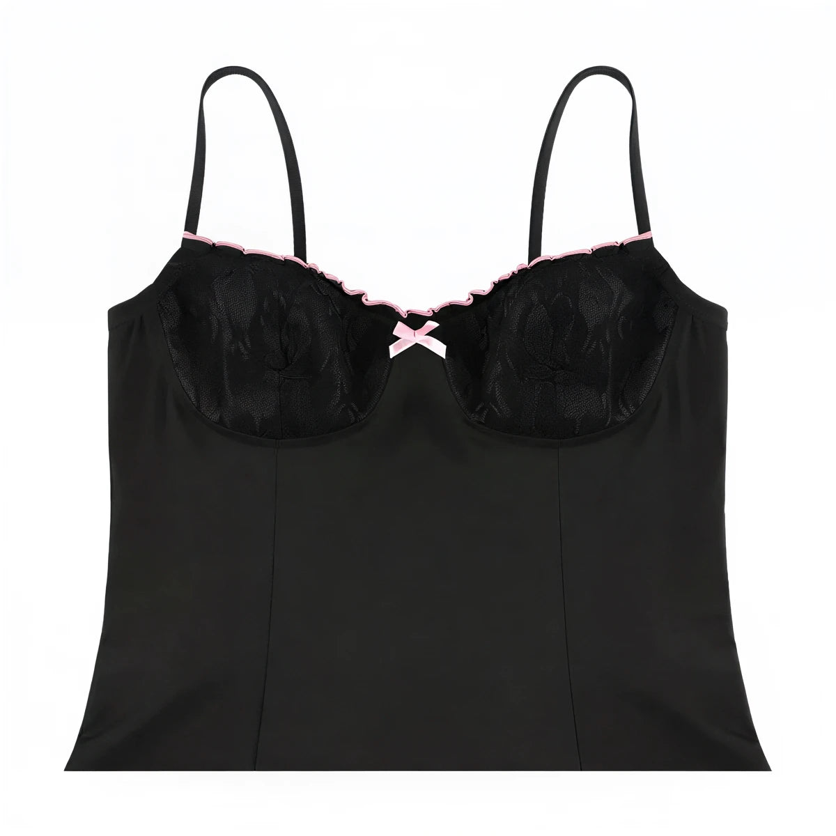 Black lace-trimmed camisole with pink ribbon bow at center.