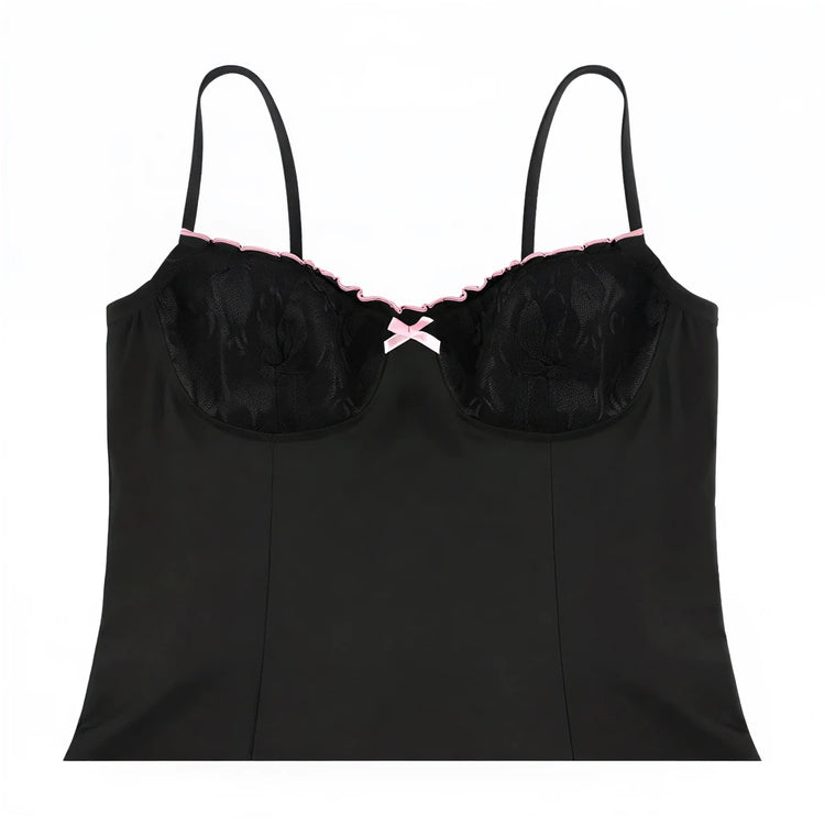 Black lace-trimmed camisole with pink ribbon bow at center.