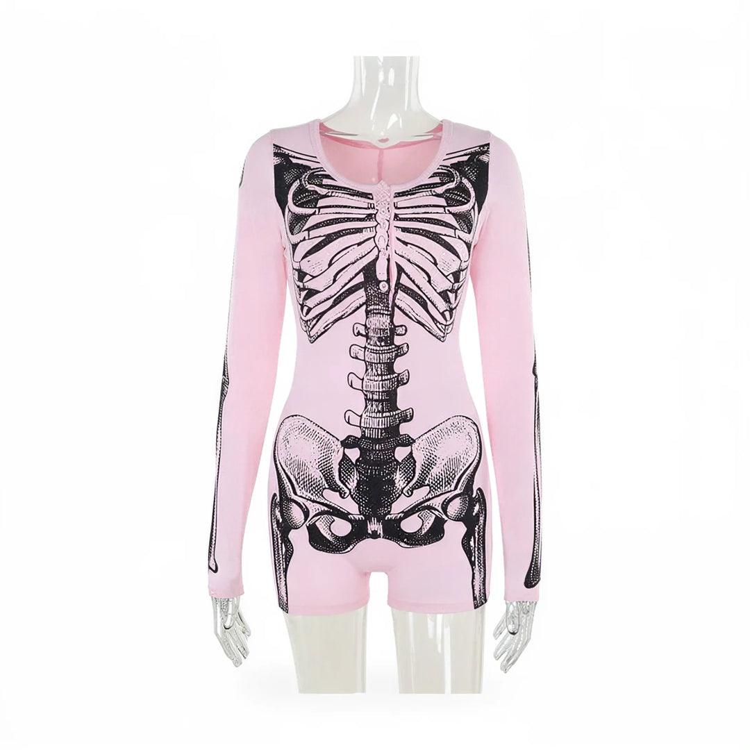 Pink long-sleeved playsuit with black skeleton print on torso and arms.