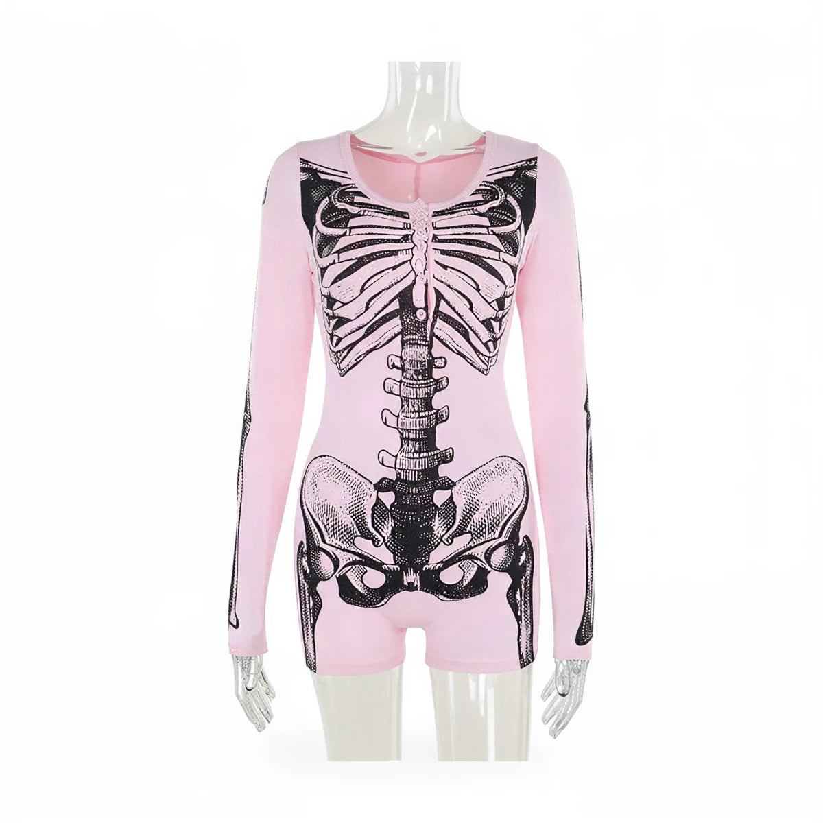 Pink long-sleeved playsuit with black skeleton print on torso and arms.