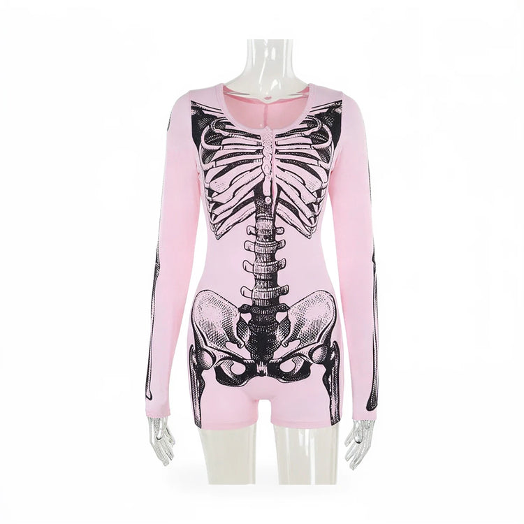 Pink long-sleeved playsuit with black skeleton print on torso and arms.