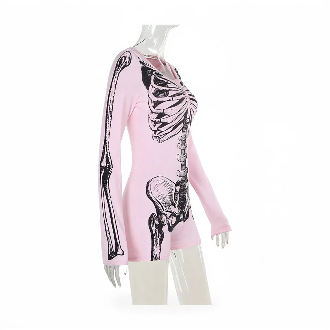 Pink long-sleeved playsuit with black skeleton print design.