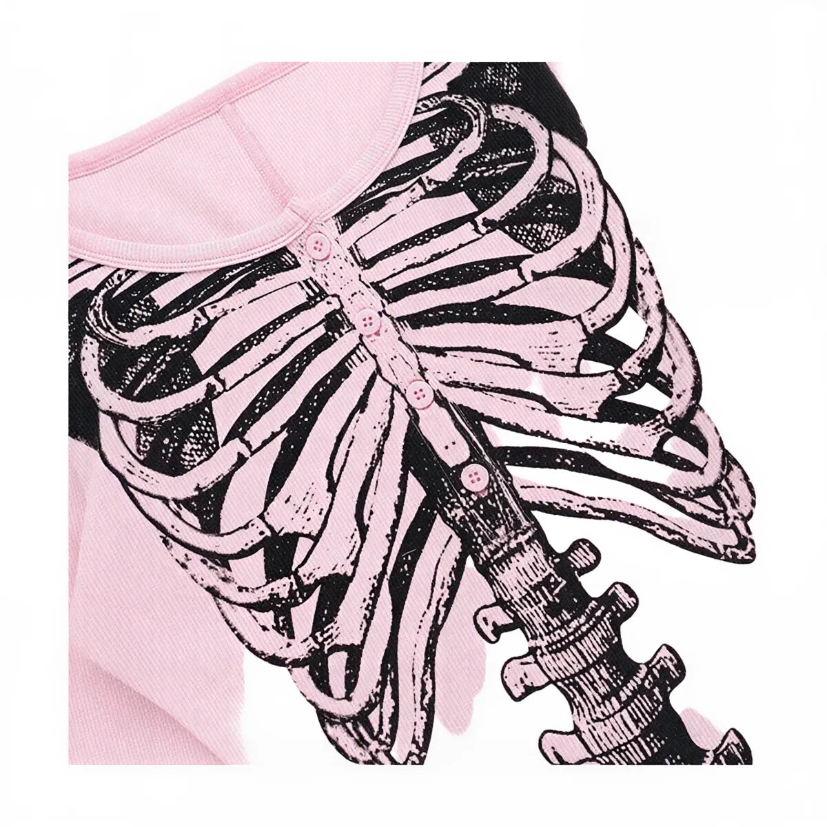Pink playsuit with black skeleton print and button details.