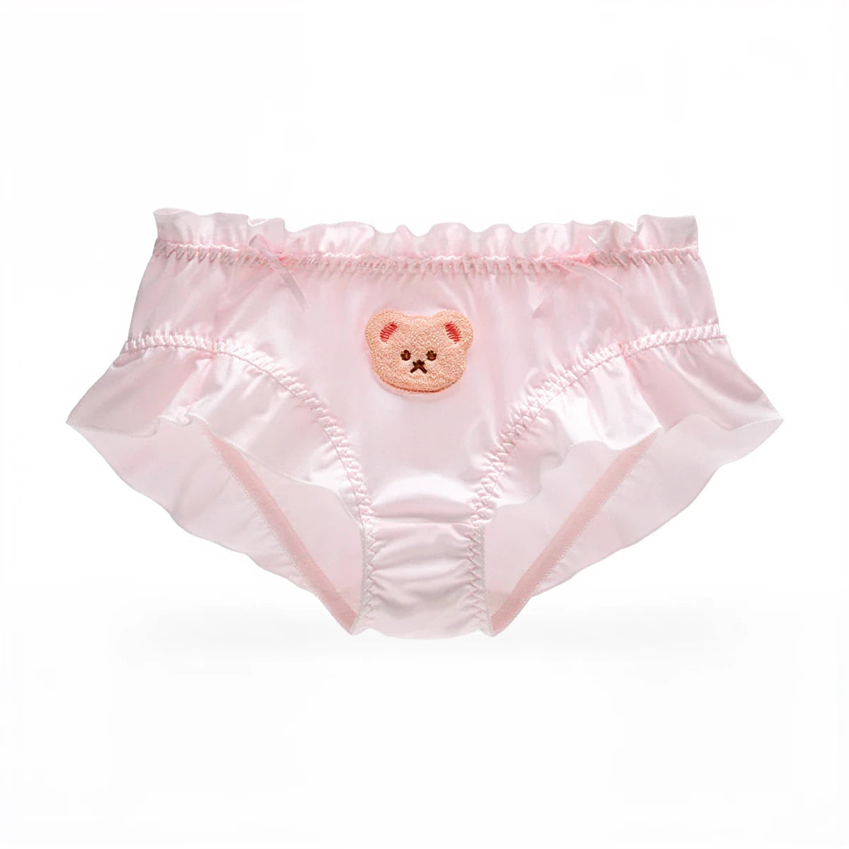 Pink satin panties with ruffled waistband and cute bear face appliqué.