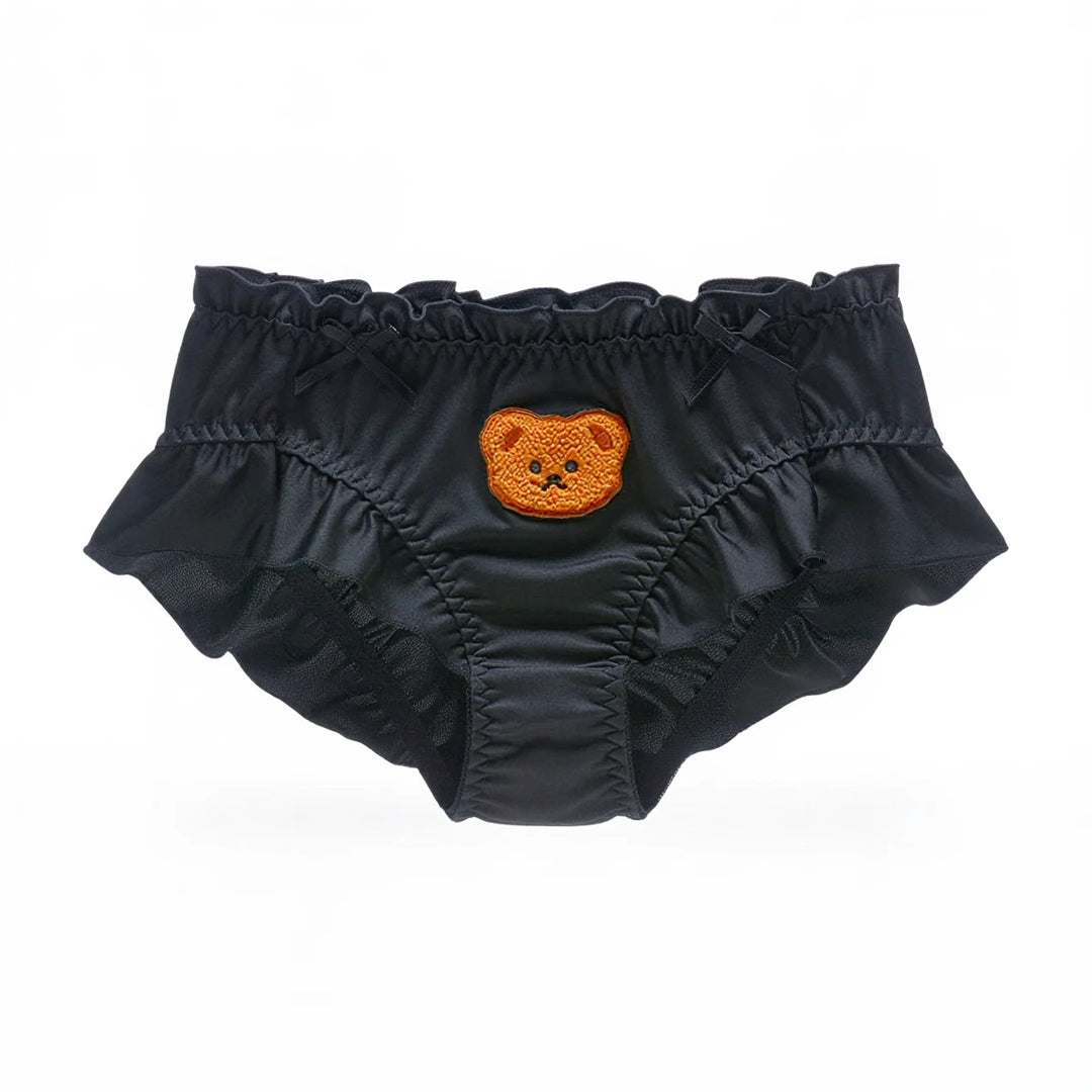 Black ruffled panties with bear face applique and satin-like material.