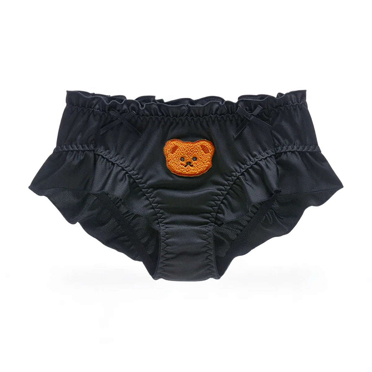 Black ruffled panties with bear face applique and satin-like material.