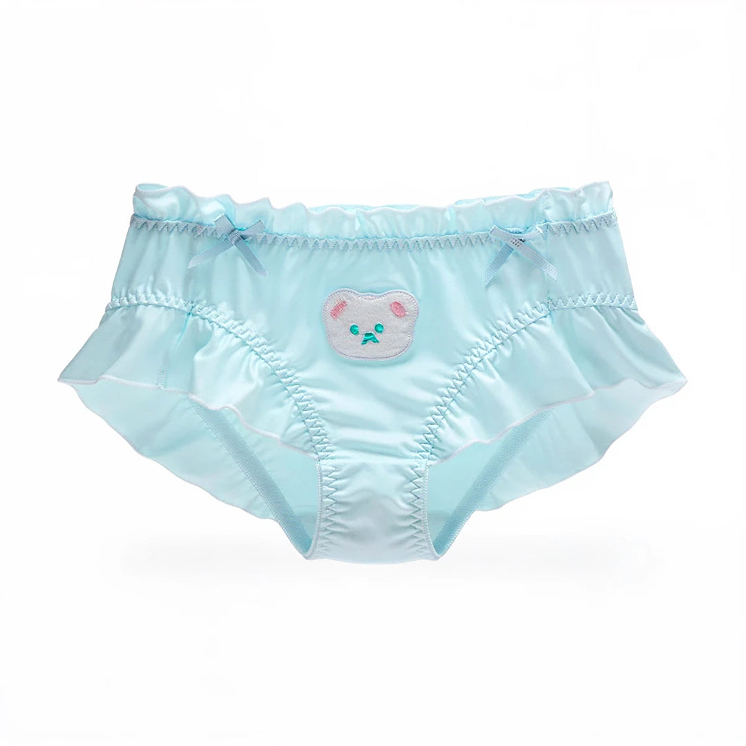 Light blue ruffled panties with bear face applique and bow accents.