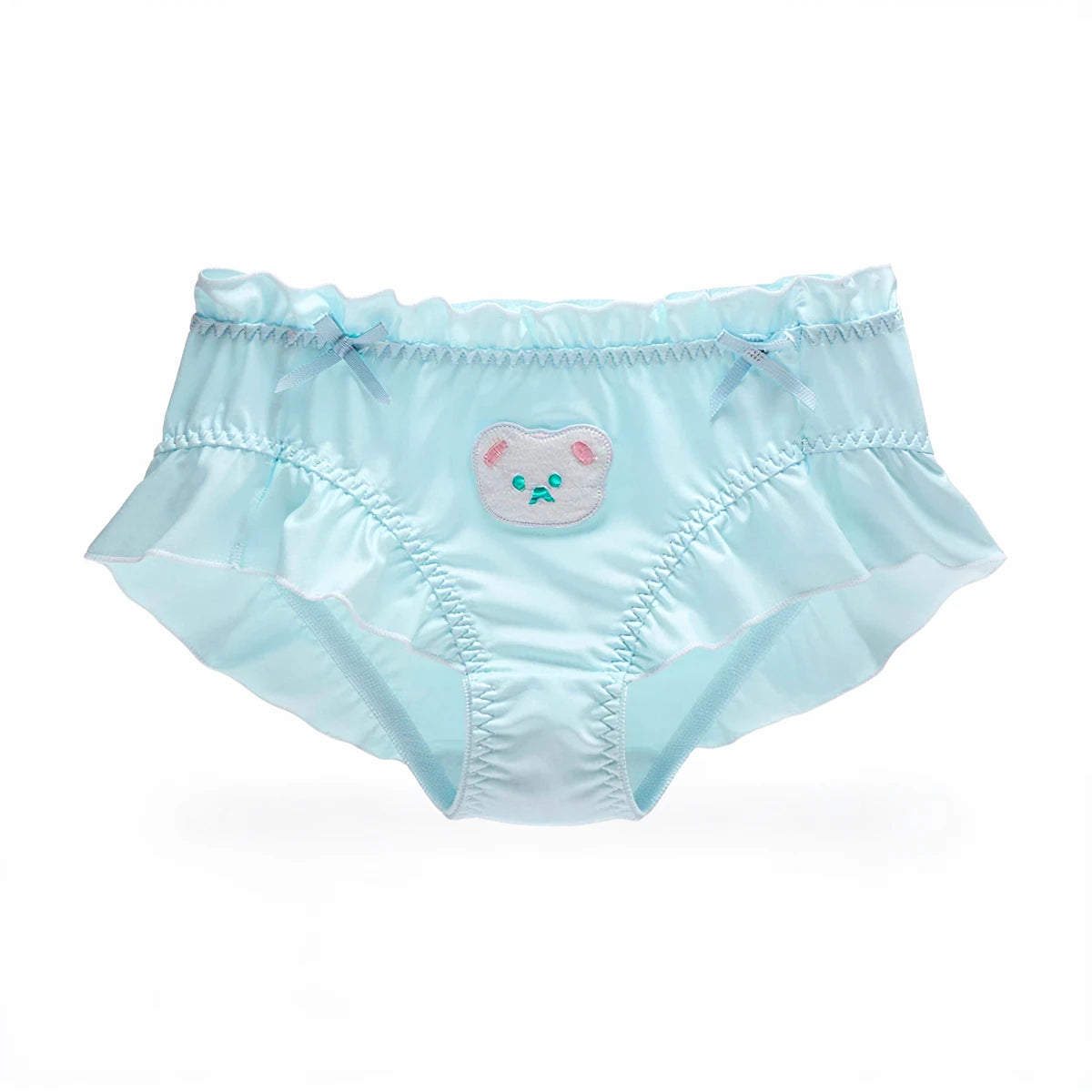 Light blue ruffled panties with bear face applique and bow accents.