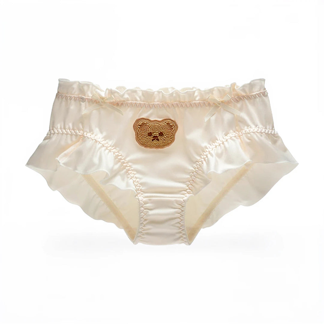 Bearly Legal Panties: cream satin with ruffles and crocheted bear applique.