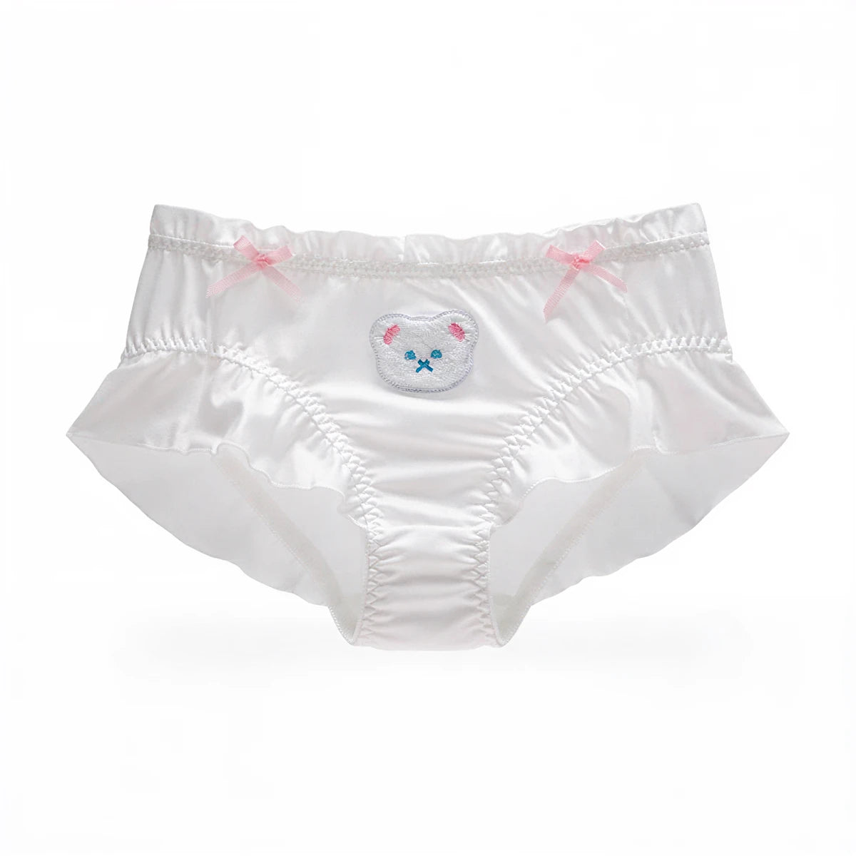 White satin panties with ruffled edges, pink bows, and embroidered bear face.