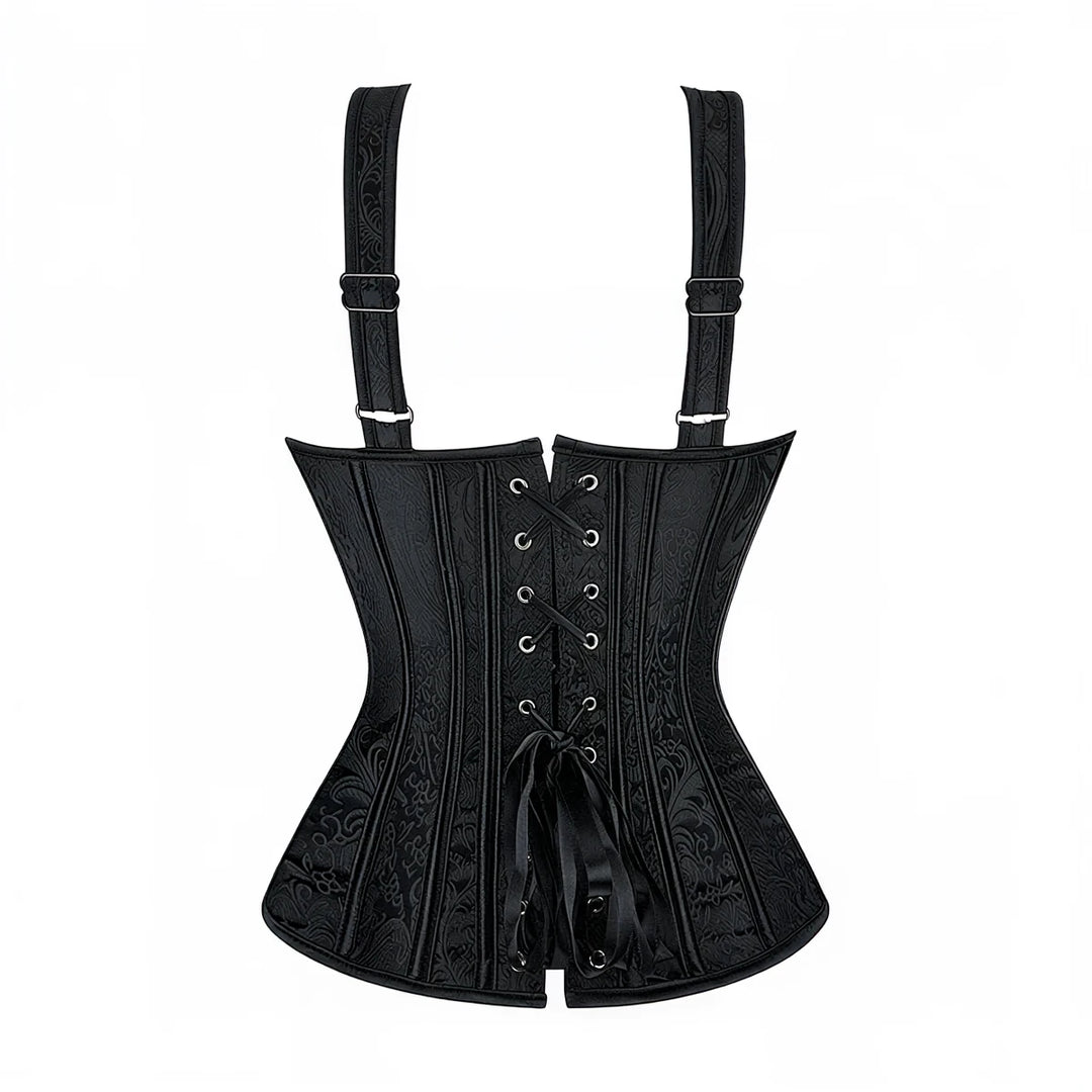 Black corset with lace-up front, patterned fabric, and adjustable shoulder straps.