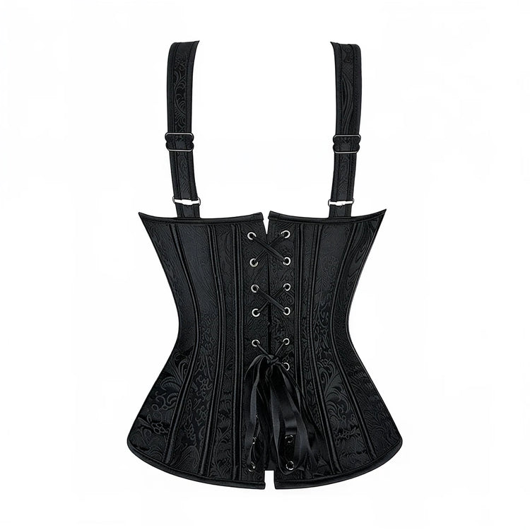 Black corset with lace-up front, patterned fabric, and adjustable shoulder straps.