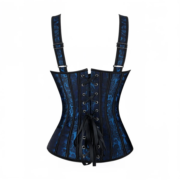 Dark blue patterned corset with black lace-up front and adjustable straps.