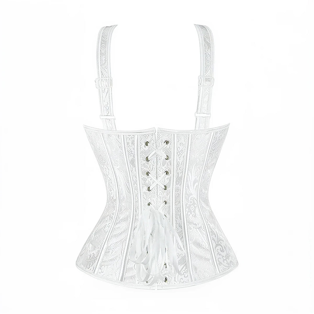White lace-up corset with ornate embroidery and adjustable straps.