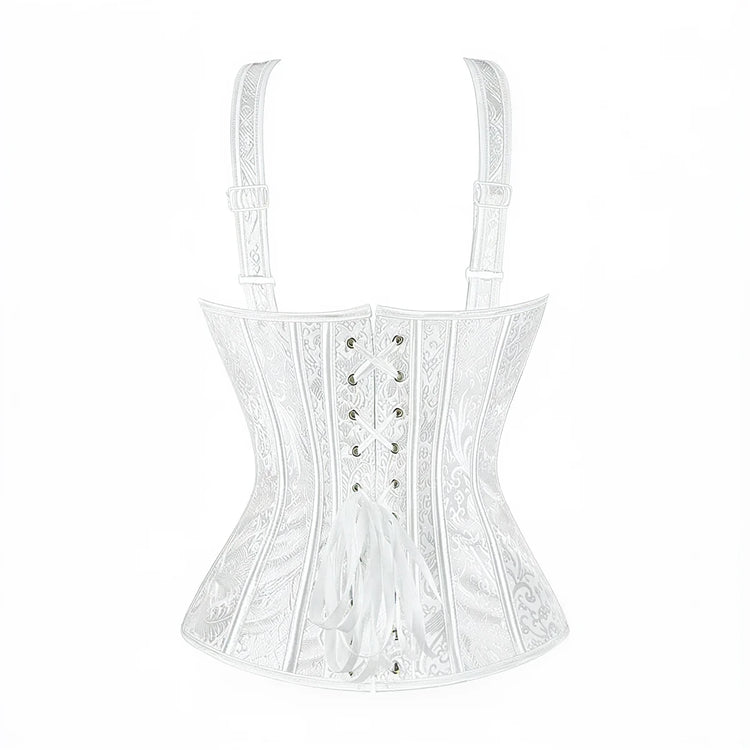 White lace-up corset with ornate embroidery and adjustable straps.