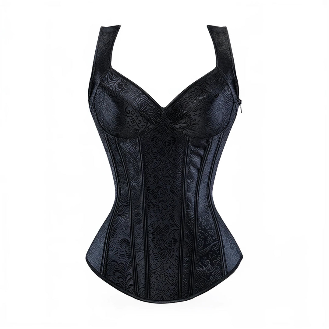 Black corset with floral patterned fabric and boned structure.