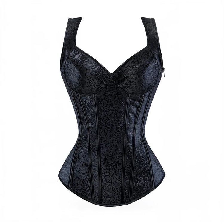 Black corset with floral patterned fabric and boned structure.