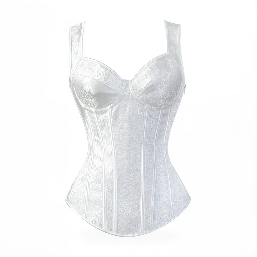White lace corset with vertical boning and floral embroidery.