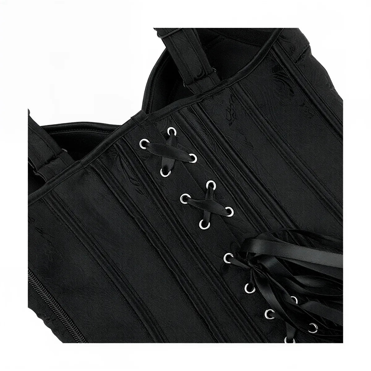 Black corset with lace-up front, textured fabric, and silver eyelets.