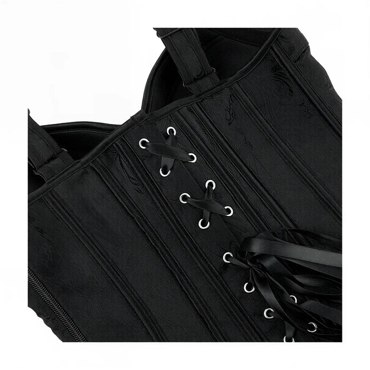 Black corset with lace-up front, textured fabric, and silver eyelets.