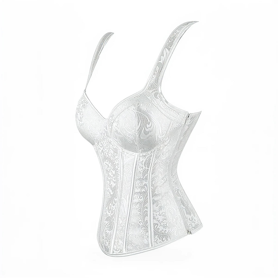 White lace corset with floral pattern and thin straps.