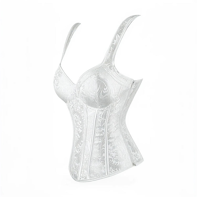 White lace corset with floral pattern and thin straps.