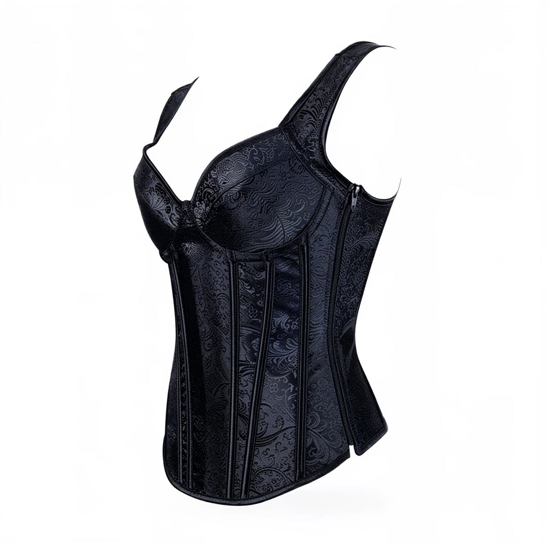 Black corset with floral pattern, boned structure, and side zipper closure.