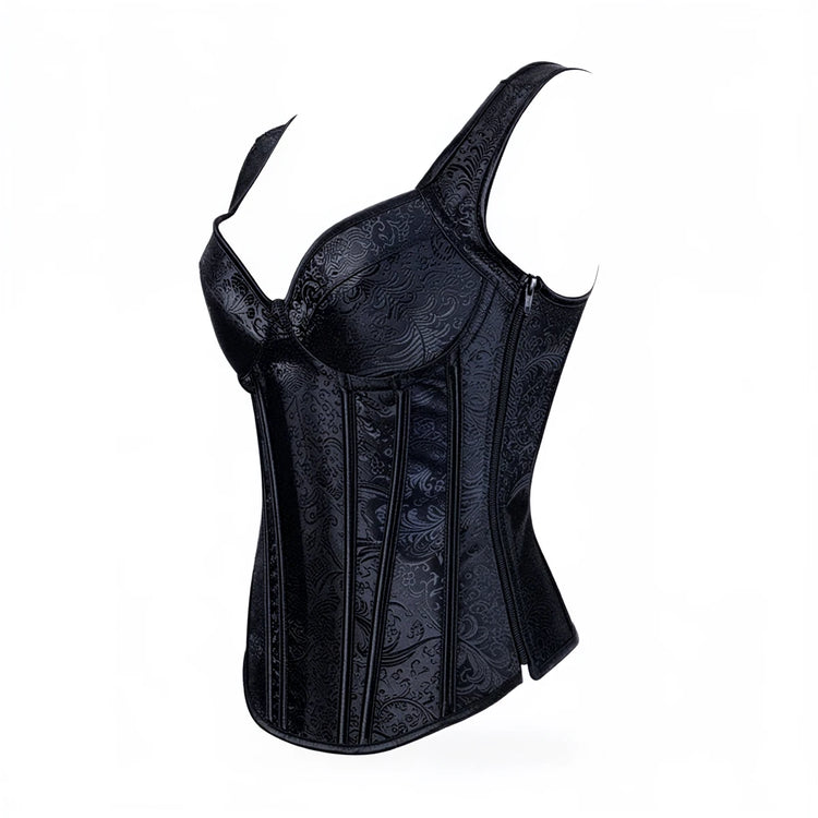 Black corset with floral pattern, boned structure, and side zipper closure.